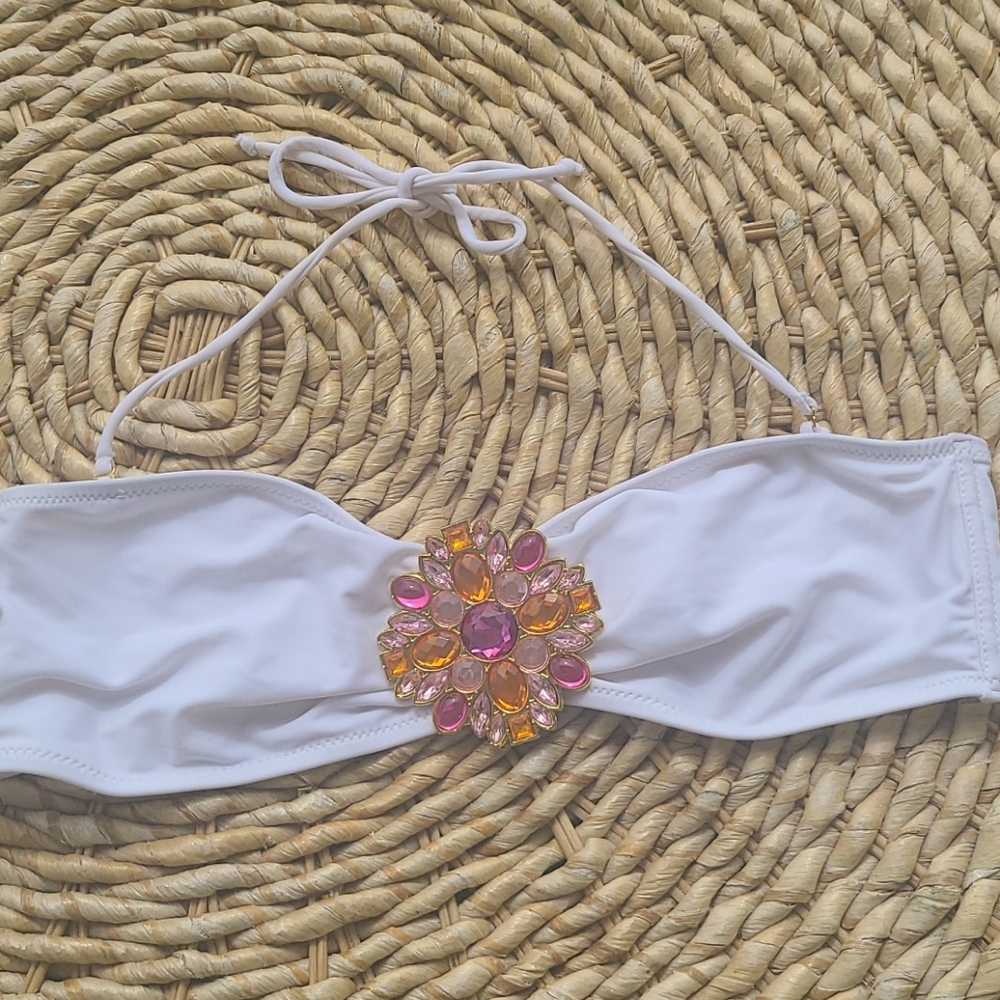 Victoria's Secret White Bandeau Bikini Top with Pink and Amber Gem Flower Accent